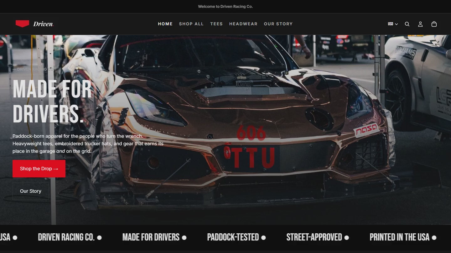 Screen recording of the Driven Racing Co. homepage