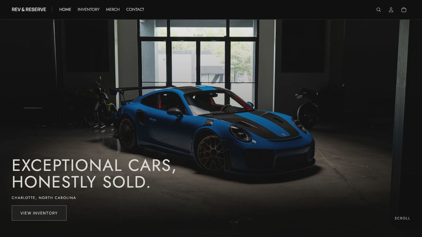 Screen recording of the Rev & Reserve Autohaus site: homepage, inventory and a vehicle page